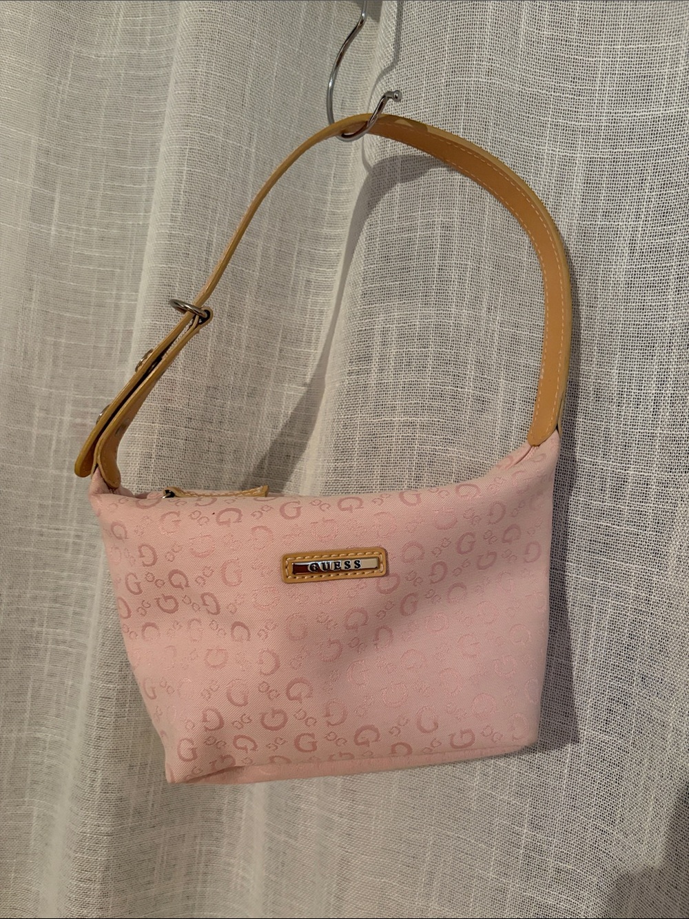 GUESS Pink Logo Jacquard Shoulder Bag with Tan Strap